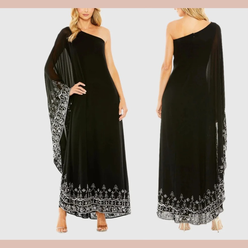NWT Mac Duggal [ 8 ] 9251 One‎ Shoulder Embellished Trapeze Gown Black J2339